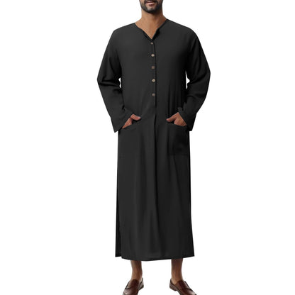 Effortless Linen Kaftan for Women with Stand Collar Long Sleeve Button Front Relaxed Flowing Style