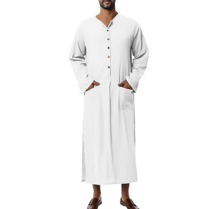 Effortless Linen Kaftan for Women with Stand Collar Long Sleeve Button Front Relaxed Flowing Style
