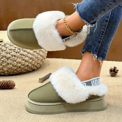 Comfortable Platform Slippers for Women with Faux Fur Trim Cushioned Slip On House Shoes