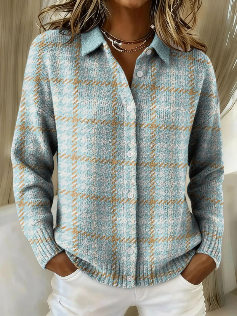 Comfortable Blue Plaid Knit Cardigan for Women with Collar Long Sleeve Button Front Relaxed Oversized Style