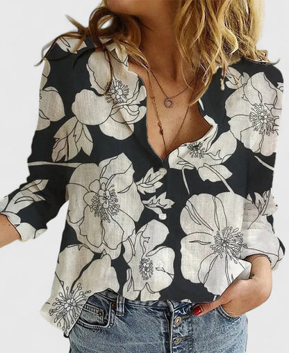 Effortless Floral Blouse for Women with Collar V Neck Long Sleeve Button Front Relaxed Style