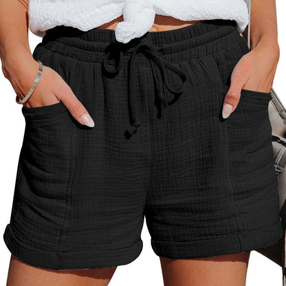 Effortless Crinkle Cotton Shorts for Women with High Waist Drawstring Cuffed Relaxed Style