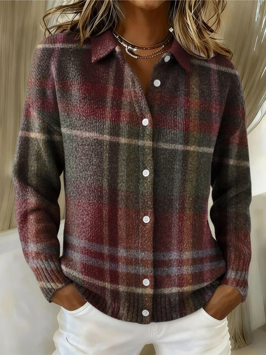 Effortless Burgundy Plaid Shirt for Women with Collar Long Sleeve Button Front Relaxed Knit Style