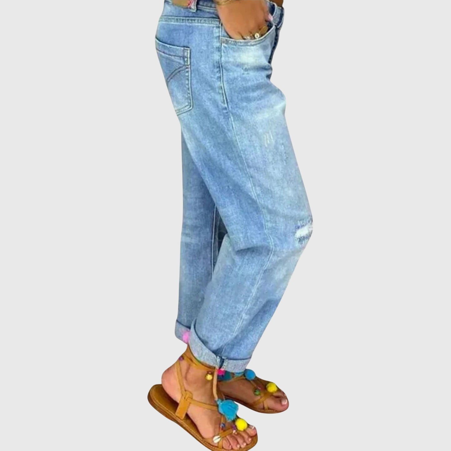 Effortless Blue Distressed Boyfriend Jeans for Women with High Waist Button Fly Cuffed Relaxed Casual Style