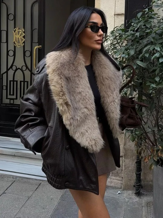 Elegant Faux Leather Bomber Jacket for Women with Fur Collar Long Sleeve Oversized Relaxed Style