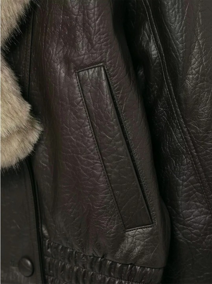 Elegant Faux Leather Bomber Jacket for Women with Fur Collar Long Sleeve Oversized Relaxed Style