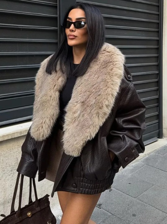 Elegant Faux Leather Bomber Jacket for Women with Fur Collar Long Sleeve Oversized Relaxed Style