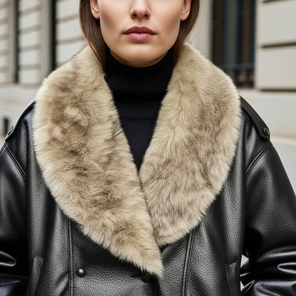 Elegant Faux Leather Bomber Jacket for Women with Fur Collar Long Sleeve Oversized Relaxed Style