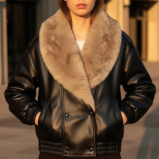 Elegant Faux Leather Bomber Jacket for Women with Fur Collar Long Sleeve Oversized Relaxed Style