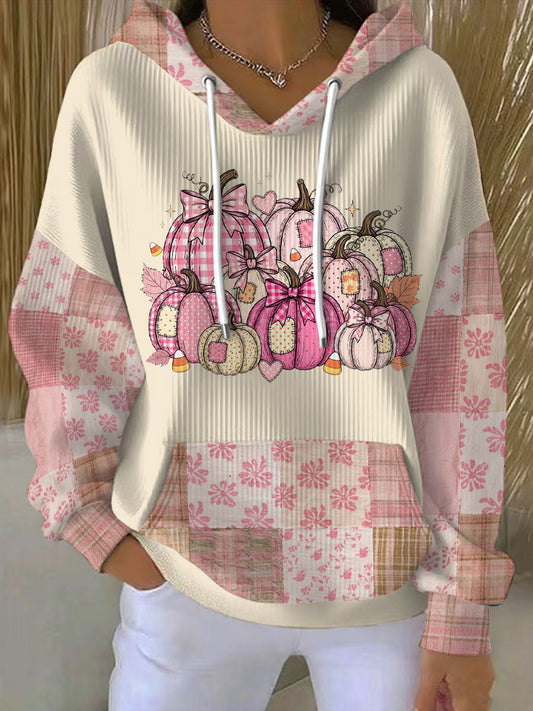 Comfortable Beige Pumpkin Patchwork Hoodie for Women with Drawstring Hood Long Sleeve Relaxed Oversized Casual Style
