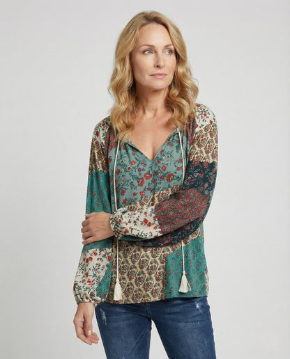 Effortless Patchwork Floral Blouse for Women with V Neck Long Sleeve Tasseled Tie Bohemian Style