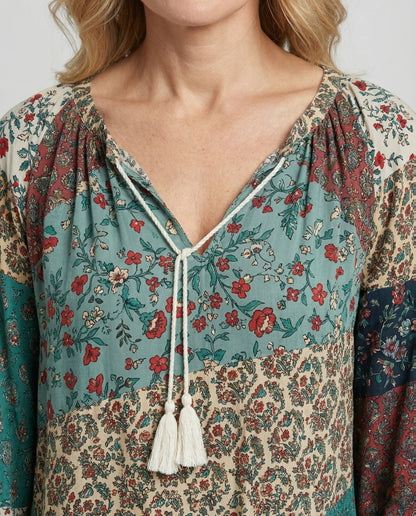 Effortless Patchwork Floral Blouse for Women with V Neck Long Sleeve Tasseled Tie Bohemian Style