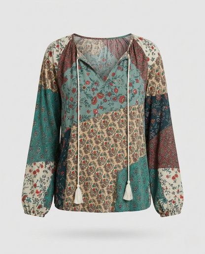 Effortless Patchwork Floral Blouse for Women with V Neck Long Sleeve Tasseled Tie Bohemian Style