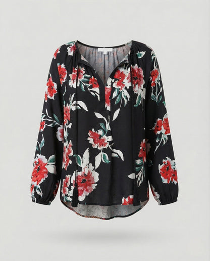 Effortless Patchwork Floral Blouse for Women with V Neck Long Sleeve Tasseled Tie Bohemian Style