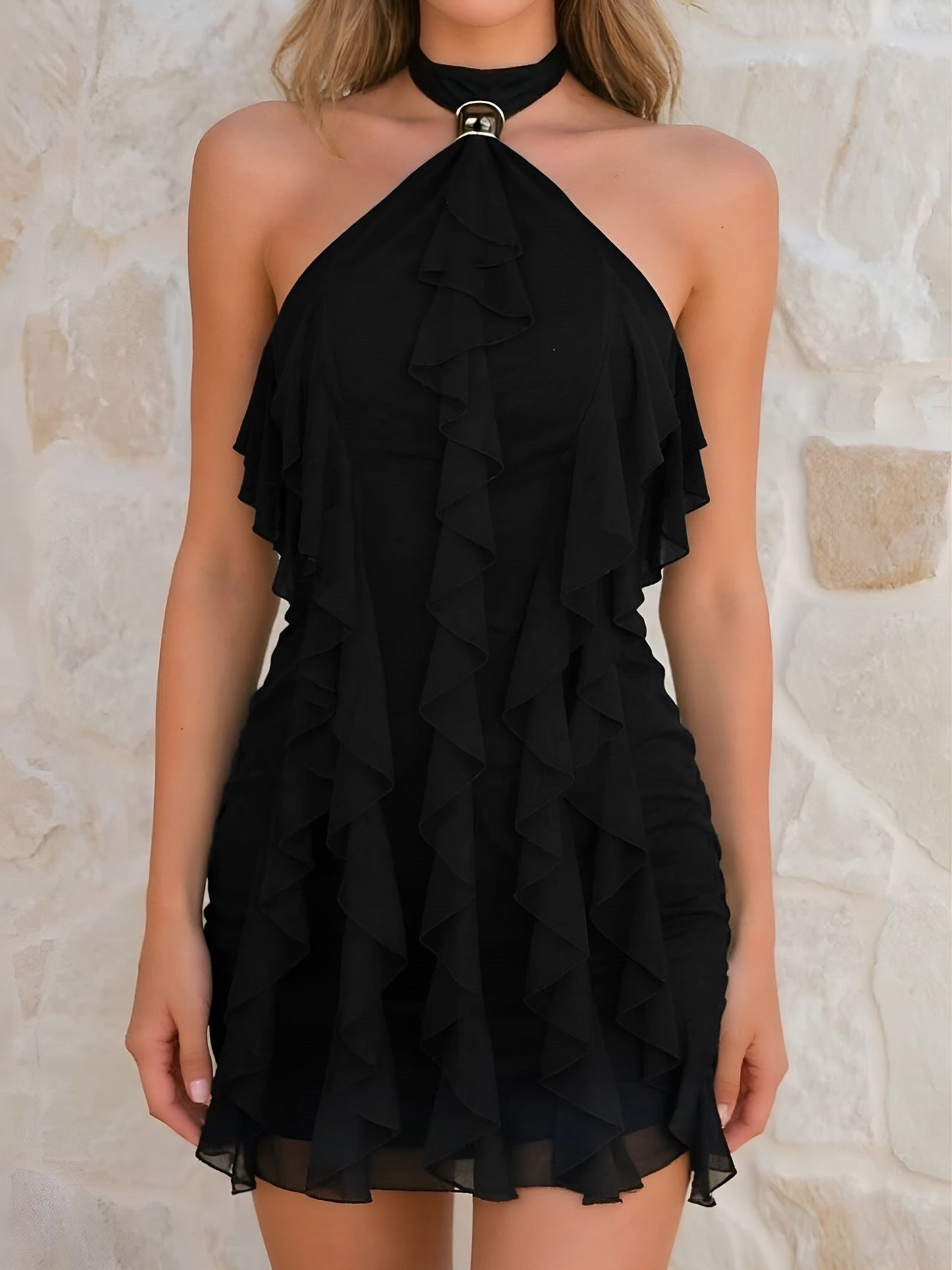 Elegant Bodycon Dress for Women with Halter Neck Tiered Ruffle Mini Style