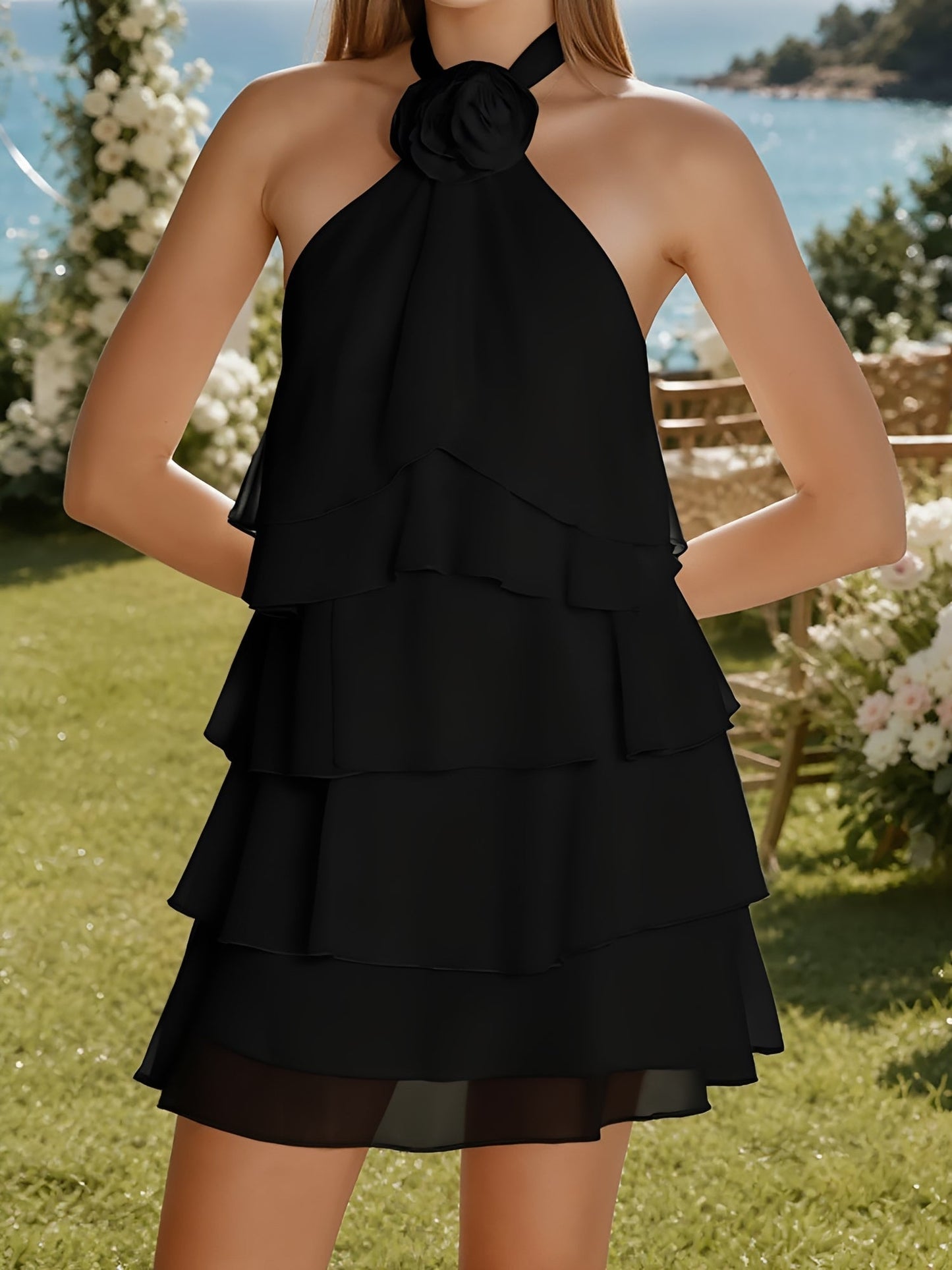 Elegant Little Black Dress for Women with Halter Tie Neck Tiered Ruffle