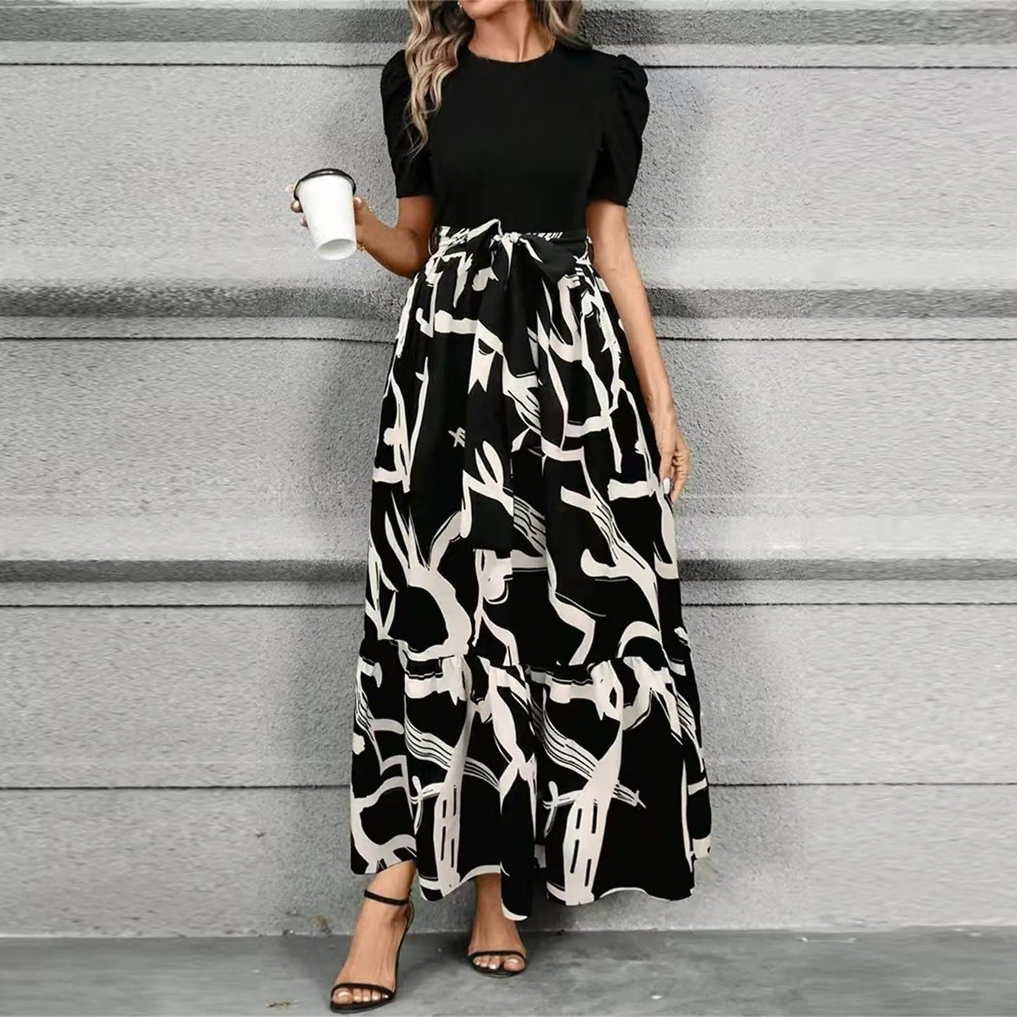 Elegant Floral Maxi Dress for Women with Round Neck Puff Sleeve Belted Tiered Style