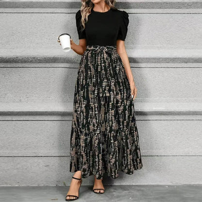 Elegant Floral Maxi Dress for Women with Round Neck Puff Sleeve Belted Tiered Style