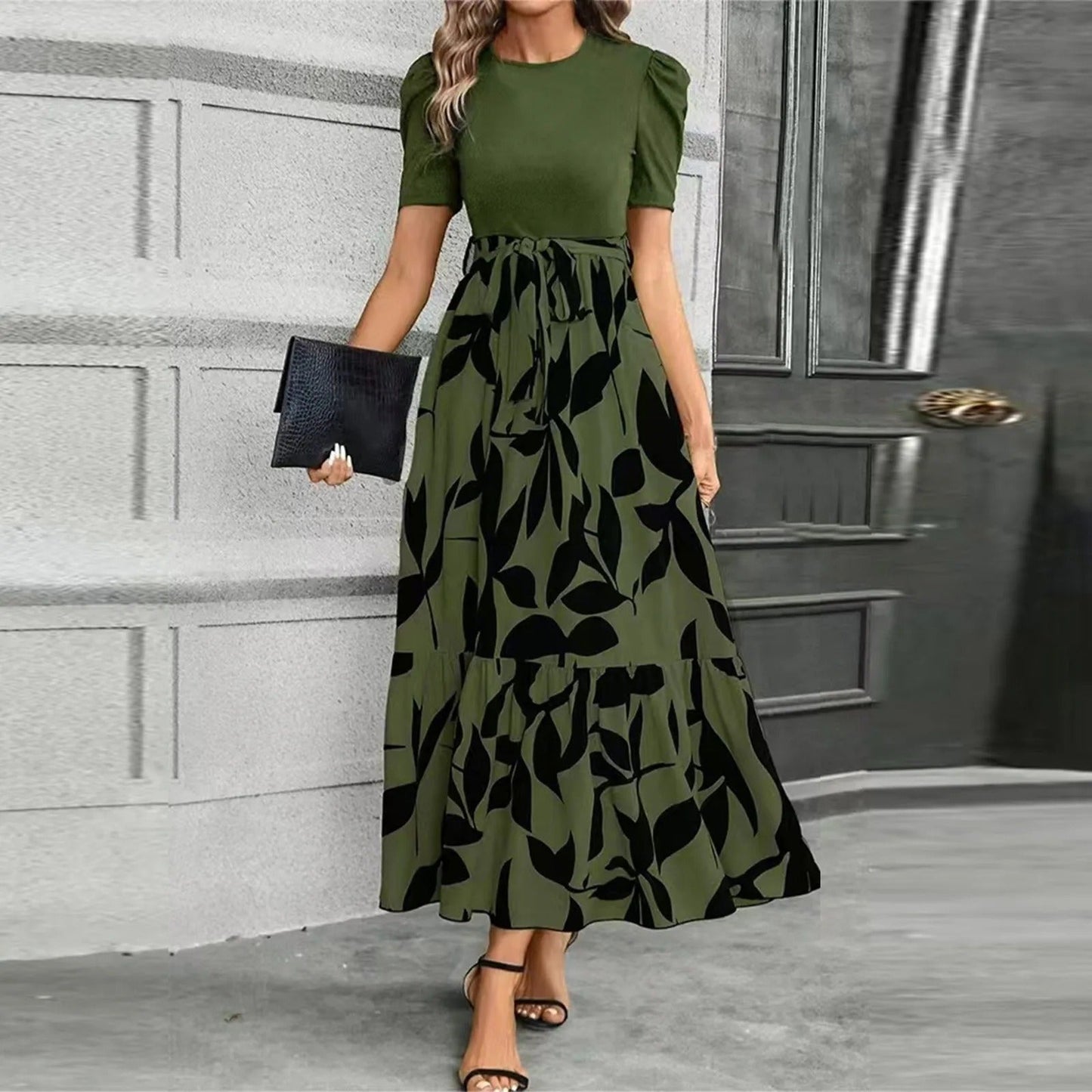 Elegant Floral Maxi Dress for Women with Round Neck Puff Sleeve Belted Tiered Style