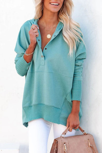 Effortless Snap Button Hoodie for Women with Hooded Long Sleeve High Low Ribbed Cuff Relaxed Style
