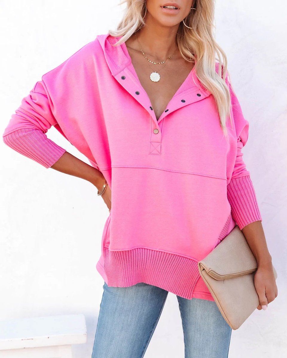 Effortless Snap Button Hoodie for Women with Hooded Long Sleeve High Low Ribbed Cuff Relaxed Style