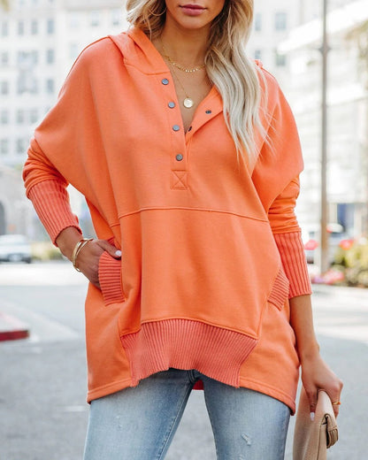 Effortless Snap Button Hoodie for Women with Hooded Long Sleeve High Low Ribbed Cuff Relaxed Style