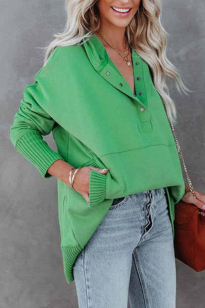 Effortless Snap Button Hoodie for Women with Hooded Long Sleeve High Low Ribbed Cuff Relaxed Style