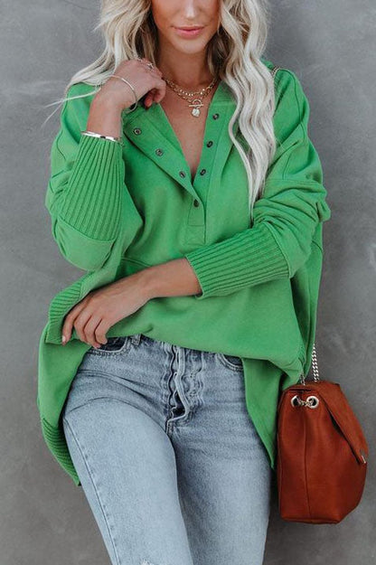 Effortless Snap Button Hoodie for Women with Hooded Long Sleeve High Low Ribbed Cuff Relaxed Style