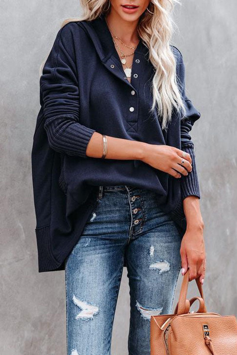 Effortless Snap Button Hoodie for Women with Hooded Long Sleeve High Low Ribbed Cuff Relaxed Style