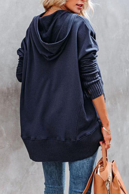 Effortless Snap Button Hoodie for Women with Hooded Long Sleeve High Low Ribbed Cuff Relaxed Style