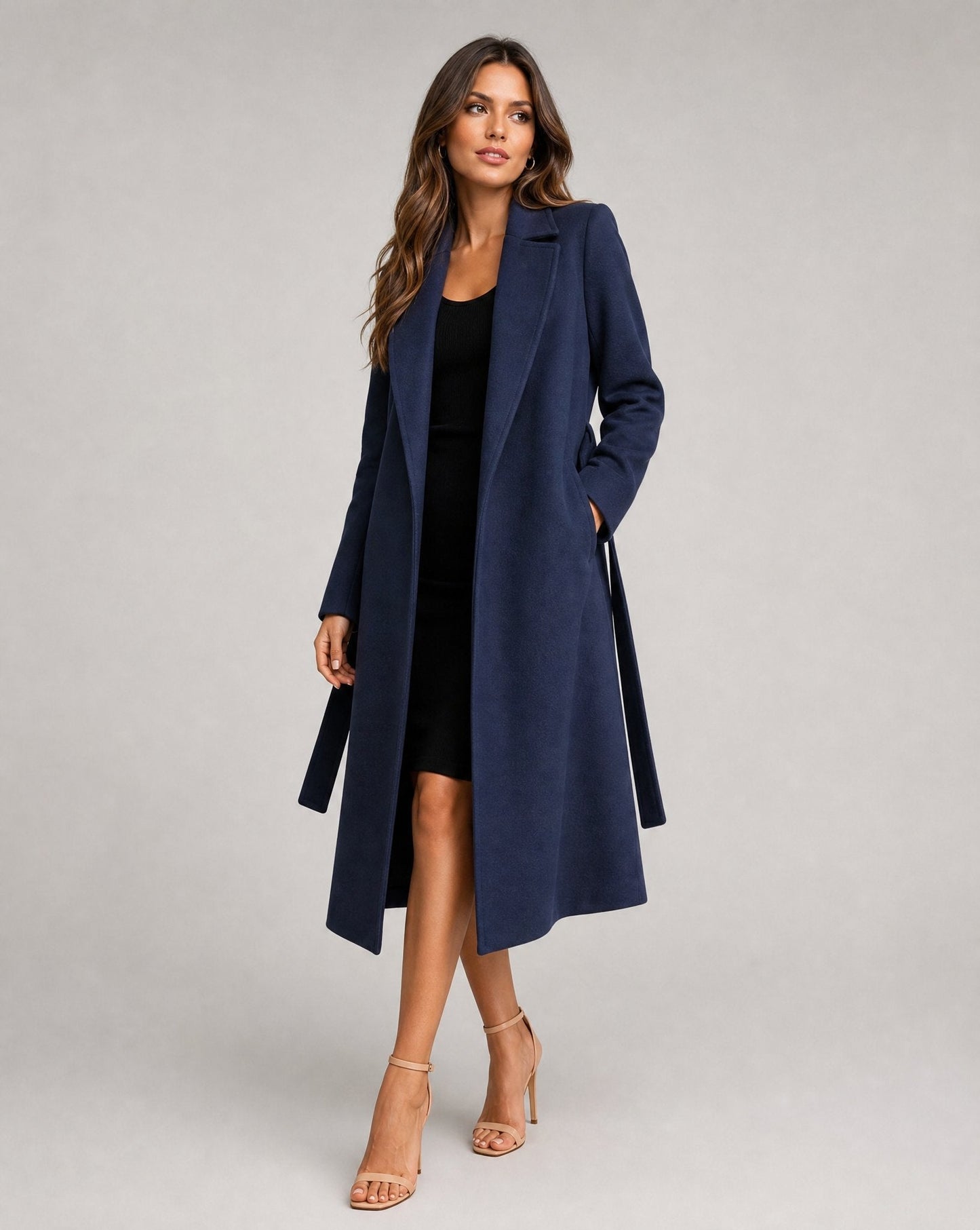 Elegant Navy Wool Trench Coat for Women with Notch Lapel Long Sleeve Belted Flowing Style