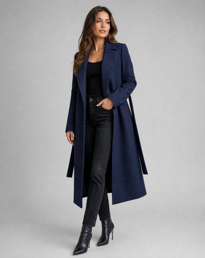 Elegant Navy Wool Trench Coat for Women with Notch Lapel Long Sleeve Belted Flowing Style