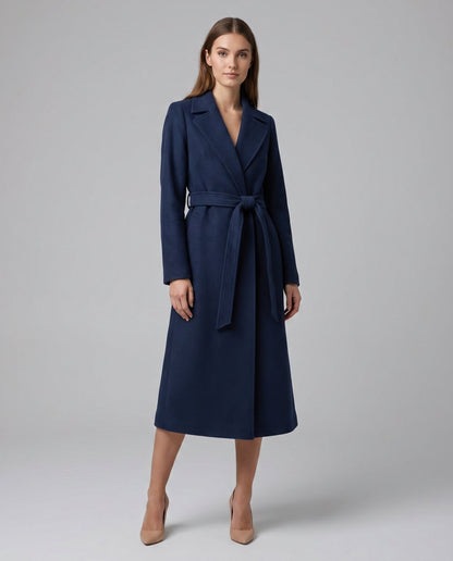 Elegant Navy Wool Trench Coat for Women with Notch Lapel Long Sleeve Belted Flowing Style
