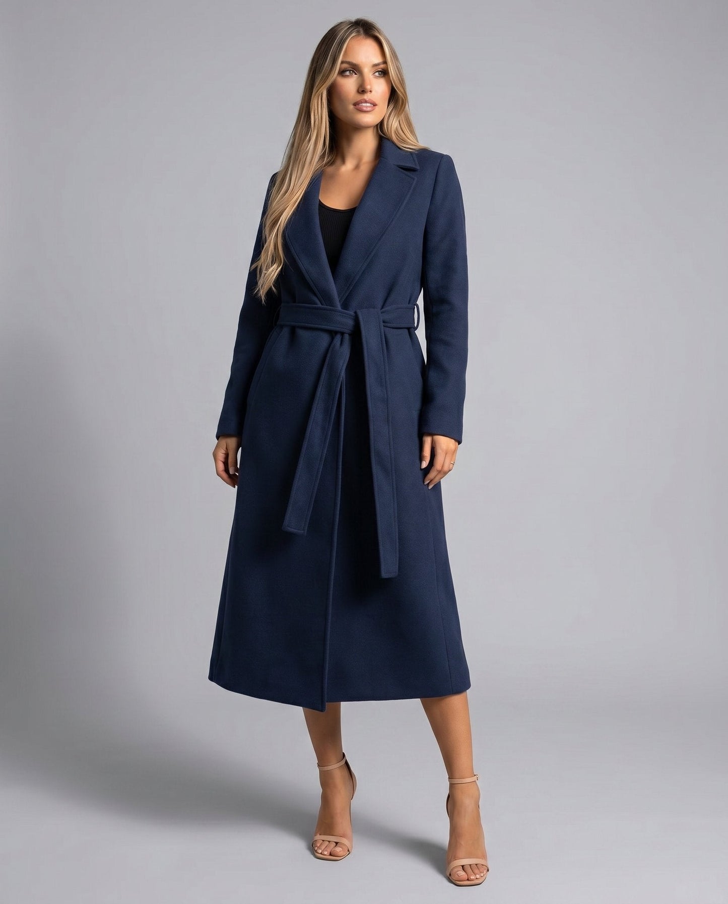 Elegant Navy Wool Trench Coat for Women with Notch Lapel Long Sleeve Belted Flowing Style