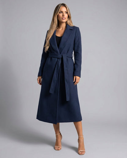 Elegant Navy Wool Trench Coat for Women with Notch Lapel Long Sleeve Belted Flowing Style
