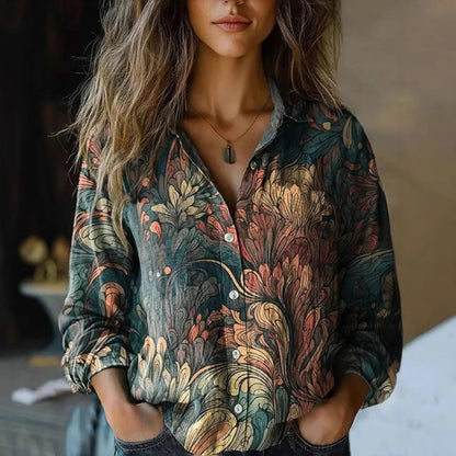 Effortless Paisley Print Blouse for Women with Collar Long Sleeve Button Front Relaxed Bohemian Style