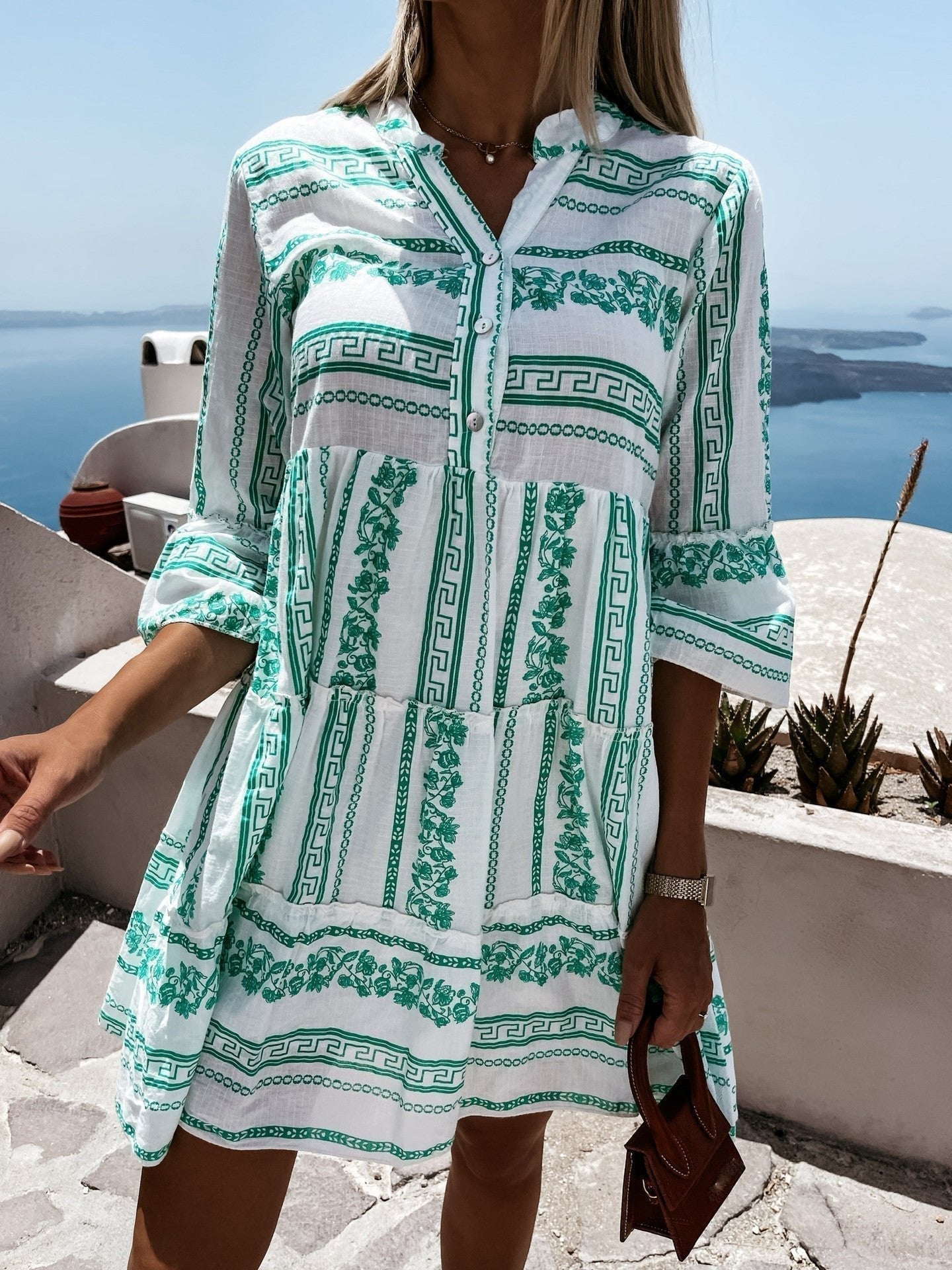 Effortless Tiered Boho Mini Dress for Women with V Neck Bell Sleeve Button Front Flowing Style