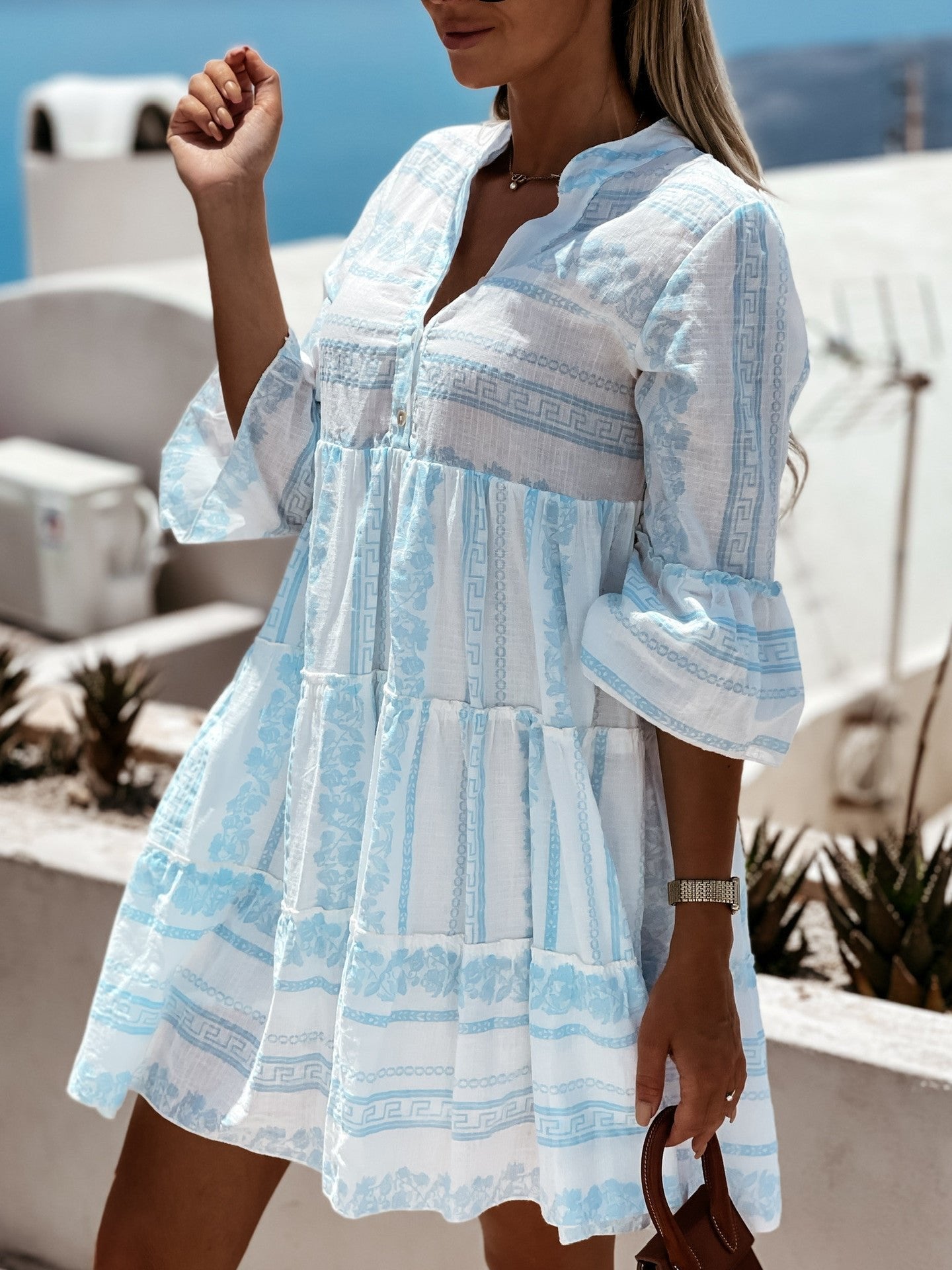 Effortless Tiered Boho Mini Dress for Women with V Neck Bell Sleeve Button Front Flowing Style