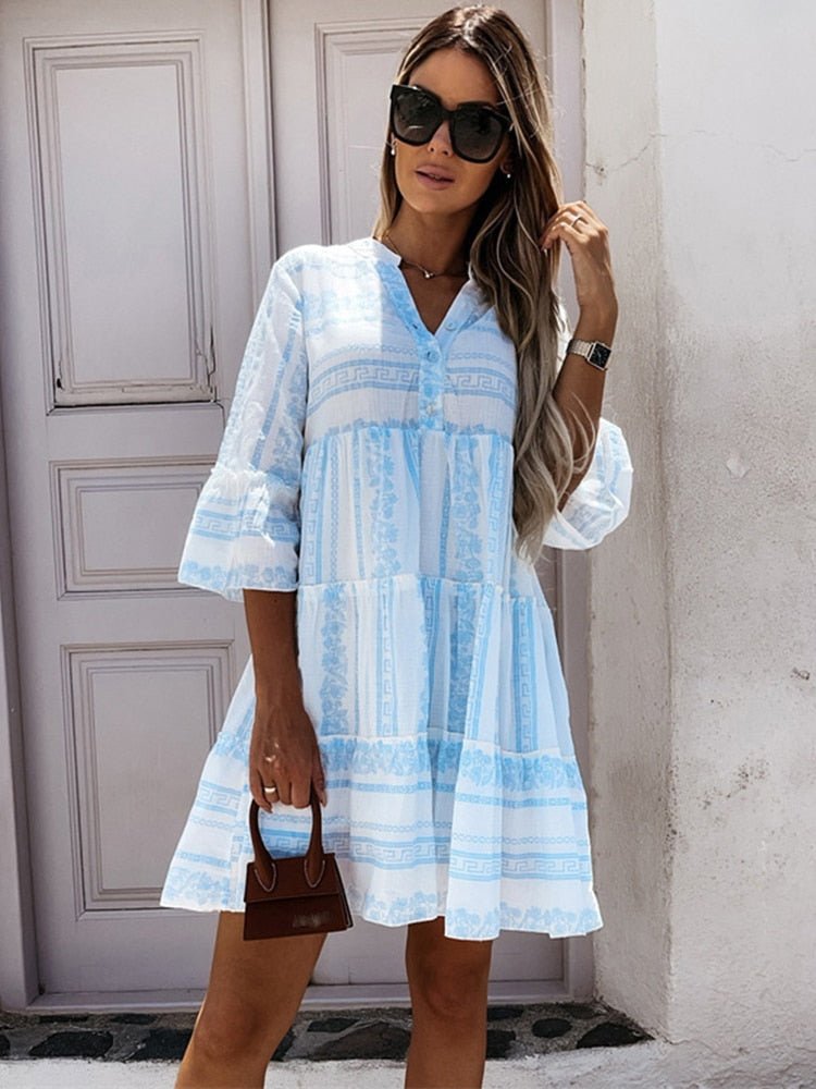 Effortless Tiered Boho Mini Dress for Women with V Neck Bell Sleeve Button Front Flowing Style