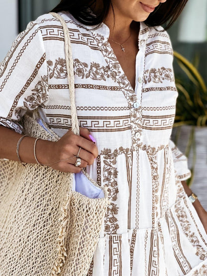 Effortless Tiered Boho Mini Dress for Women with V Neck Bell Sleeve Button Front Flowing Style