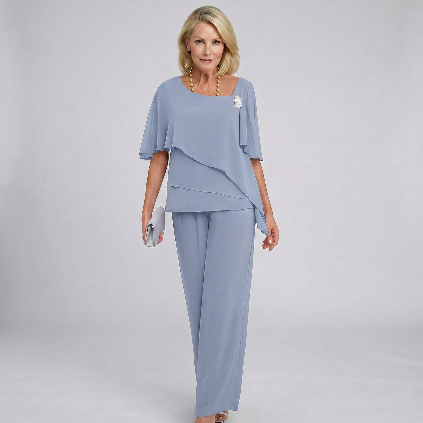 Elegant Wide Leg Set for Women with Round Neck Flutter Sleeve Draped Two Piece Formal Wedding Guest Style