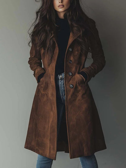Elegant Suede Trench Coat for Women with Notched Lapel Long Sleeve Button Front Casual Style