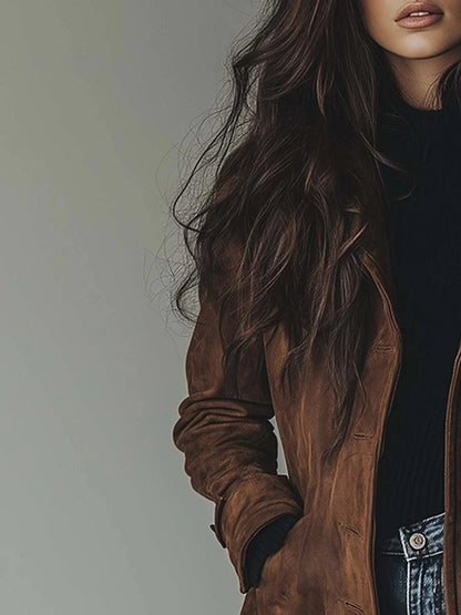 Elegant Suede Trench Coat for Women with Notched Lapel Long Sleeve Button Front Casual Style