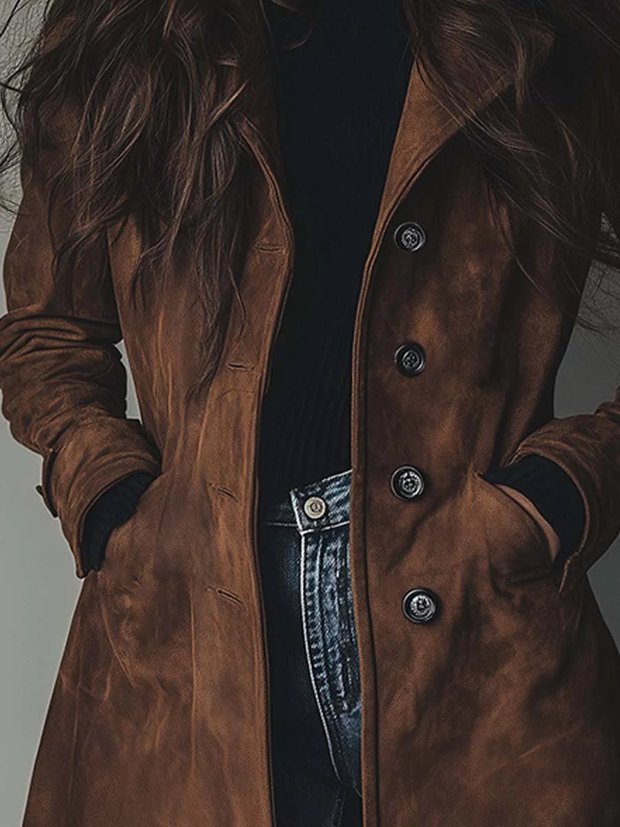 Elegant Suede Trench Coat for Women with Notched Lapel Long Sleeve Button Front Casual Style