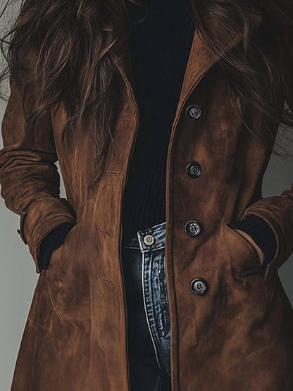 Elegant Suede Trench Coat for Women with Notched Lapel Long Sleeve Button Front Casual Style