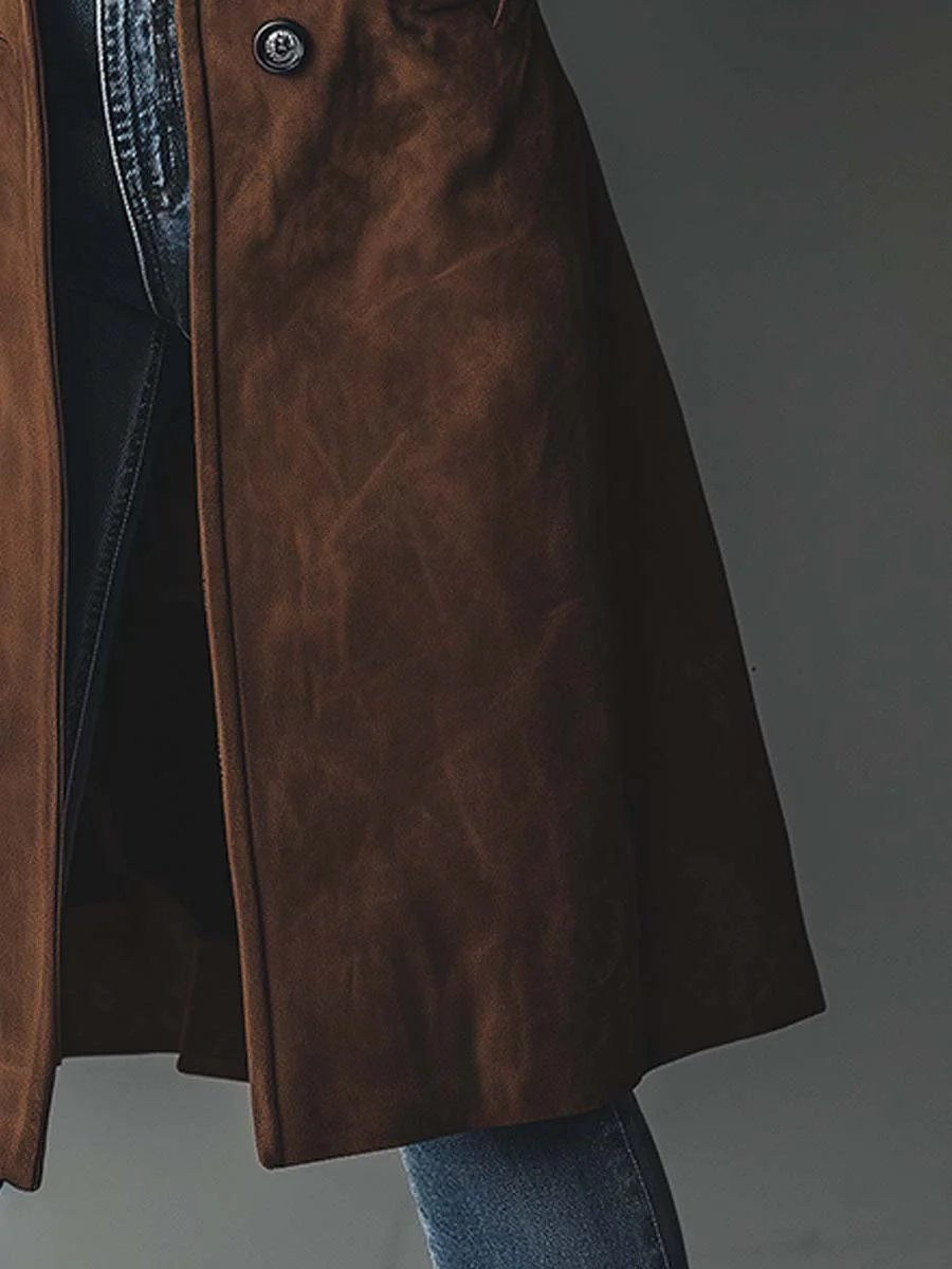 Elegant Suede Trench Coat for Women with Notched Lapel Long Sleeve Button Front Casual Style