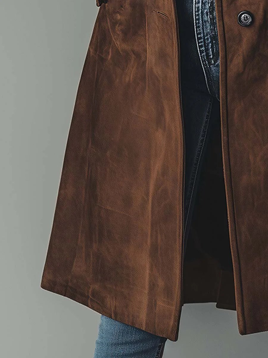 Elegant Suede Trench Coat for Women with Notched Lapel Long Sleeve Button Front Casual Style