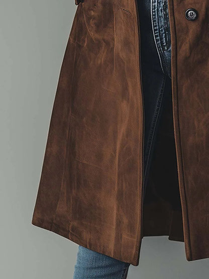Elegant Suede Trench Coat for Women with Notched Lapel Long Sleeve Button Front Casual Style