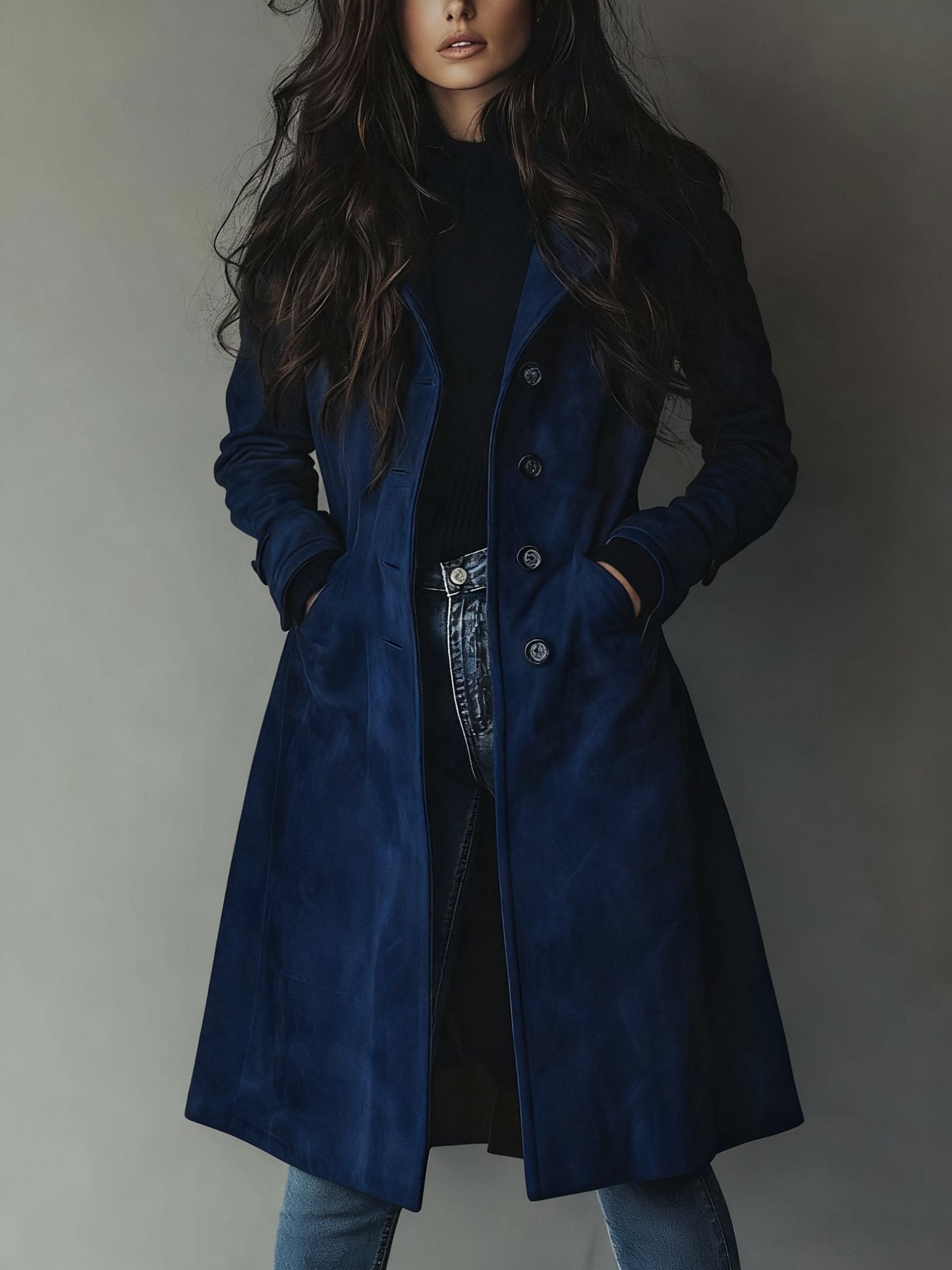 Elegant Suede Trench Coat for Women with Notched Lapel Long Sleeve Button Front Casual Style