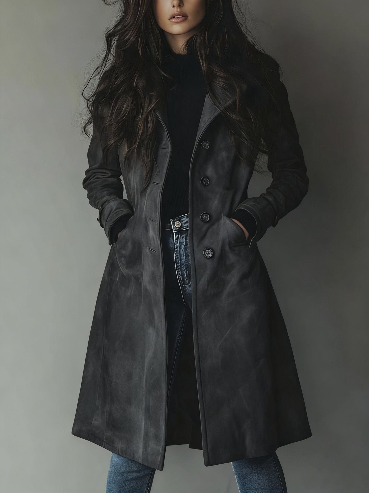 Elegant Suede Trench Coat for Women with Notched Lapel Long Sleeve Button Front Casual Style